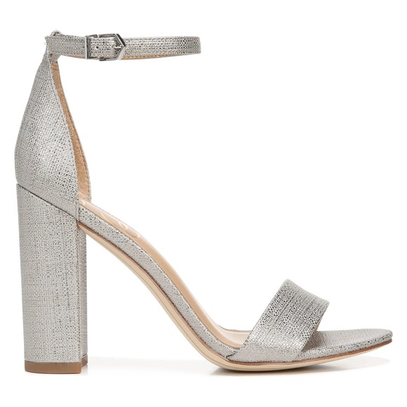SAM EDELMAN Heels Yaro Ankle Strap Sandal Chunky Heel Metallic Pewter Silver NIB - Picture 2 of 14